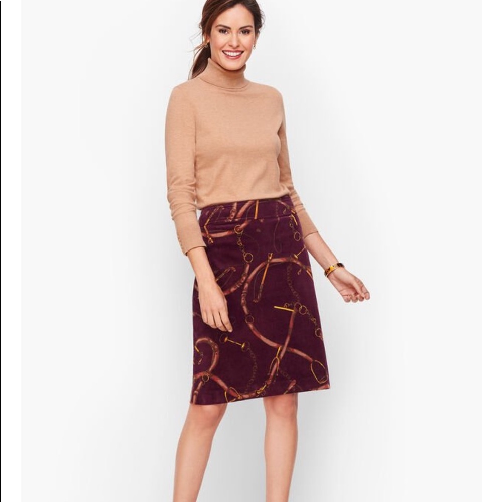 Talbots | Burgundy Corduroy Equestrian Print A-Line Skirt 4P Horse Bit Chain